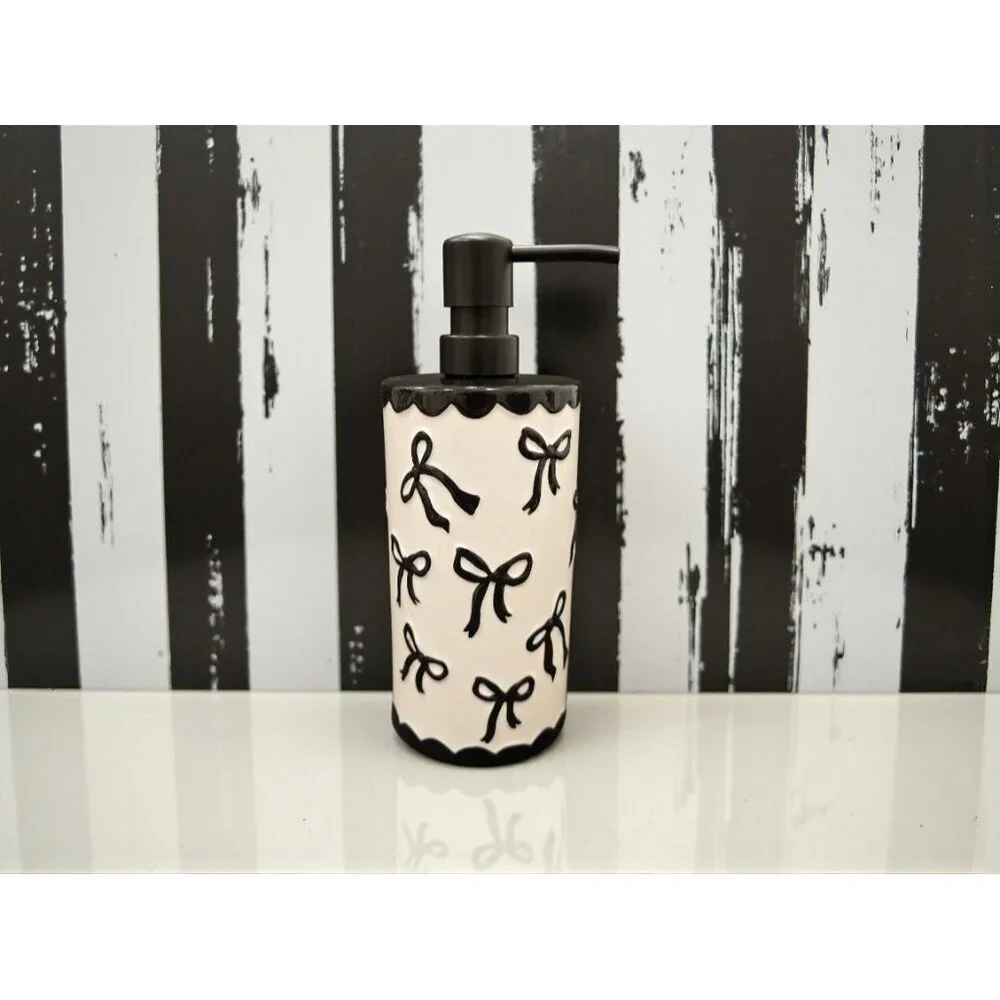New Girly Soap Dispenser White & Black Bows Coquette Bathroon Vanity Decor